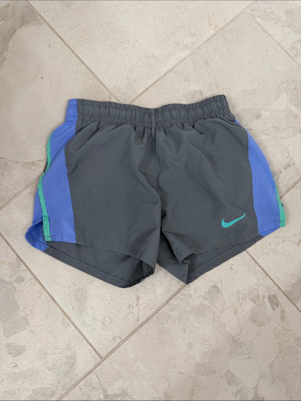 Nike girls Dark Gray Athletic Shorts with Blue Panels & Teal Swoosh